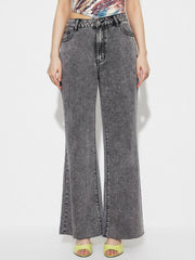 Acid wash flare jeans in dark gray cotton with a high-rise fit and buttoned front.