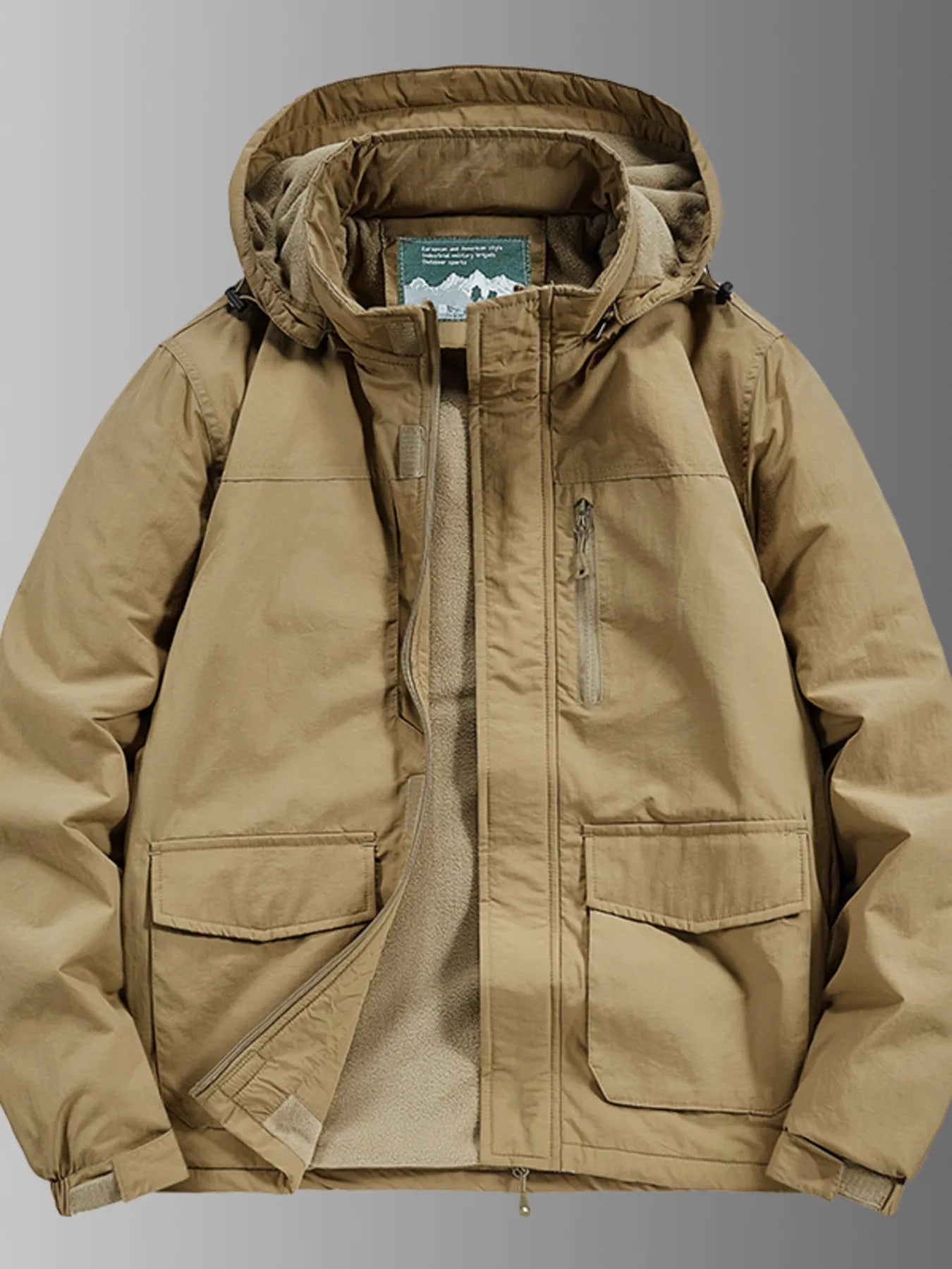Khaki hooded waterproof jacket with fleece lining, zip chest pocket, and flap pockets.