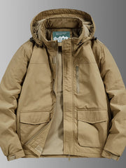Khaki hooded waterproof jacket with fleece lining, zip chest pocket, and flap pockets.