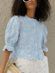 Charming Floral Embroidery Puff Sleeve Shirt