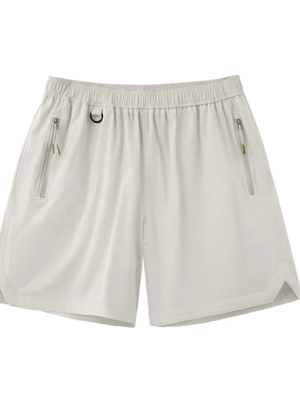Light gray men's bermuda shorts with elastic waist, D-ring detail, and zippered pockets.