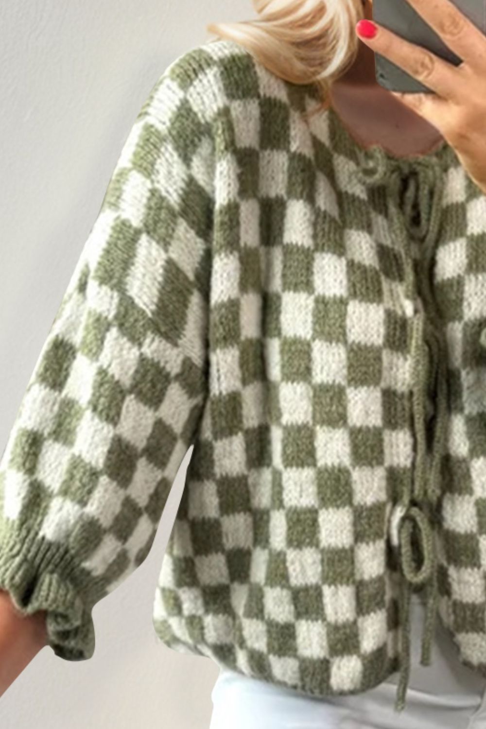 Matcha green and white checkered knit cardigan with tie front and ruffle sleeves
