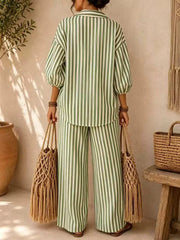 Striped Puff Sleeve Shirt And Wide-leg Pants Set in Khaki, view 15