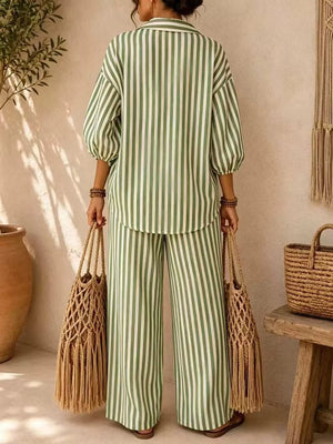 Striped Puff Sleeve Shirt And Wide-leg Pants Set in Khaki, view 15