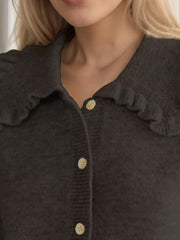 Black frilled collar knit cardigan with button front detail