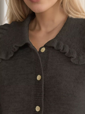 Black frilled collar knit cardigan with button front detail