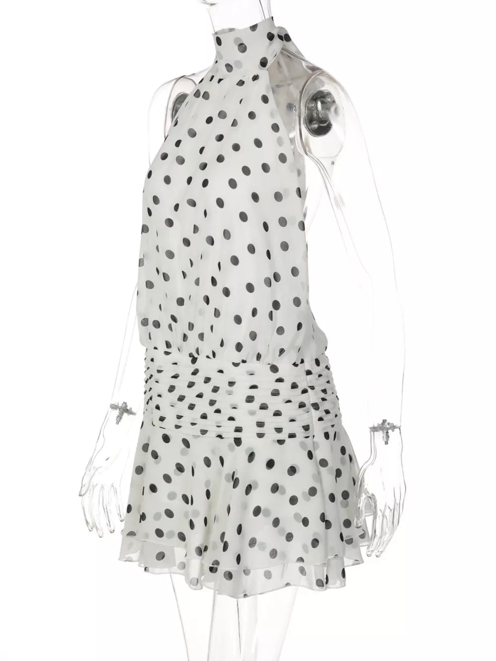 White polka dot halter neck mini dress with ruched waist detail