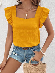 Yellow textured square neck blouse with ruffle sleeves and smocked bodice.