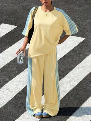 Striped Short Sleeve Top And Pants Set in Yellow, view 20