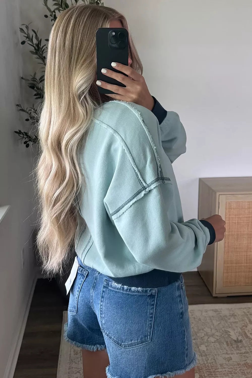 Contrast Edge Colorblock Crop Sweatshirt in Pastel Blue, side view