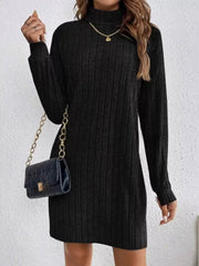 Black ribbed turtleneck mini dress with long sleeves and a casual cut.