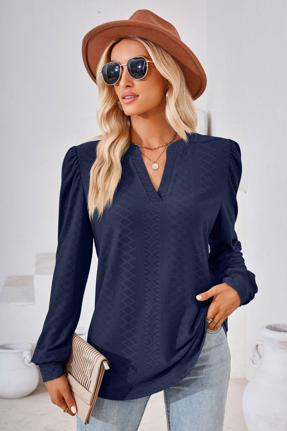 Dark Blue textured blouse with bishop sleeves and V-neck