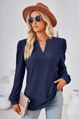 Dark Blue textured blouse with bishop sleeves and V-neck