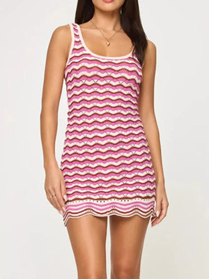 Openwork Chevron Knit Tank Dress in Fuchsia Pink, close-up detail
