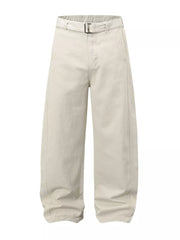 Cream white belted wide-leg cargo pants with a casual fit.