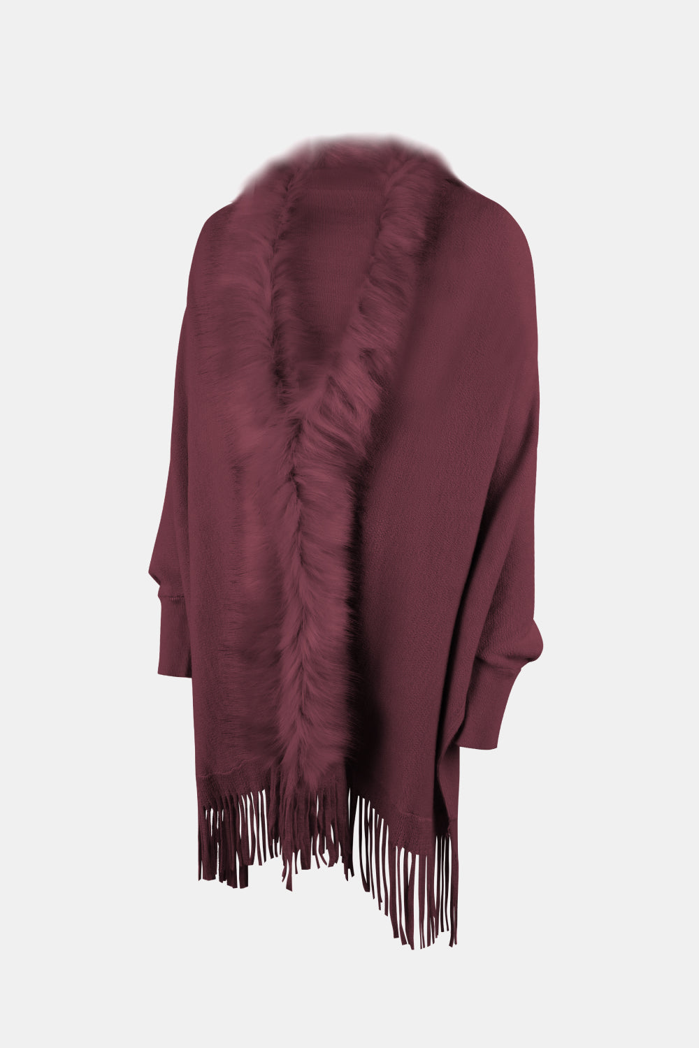 Wine faux fur trimmed fringe cape with long sleeves and a boho style.