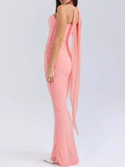 Pink sweetheart tube top and flowy maxi skirt set with draped scarf detail
