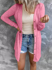 Watermelon pink cotton button-down cardigan with long sleeves and a lightweight feel.