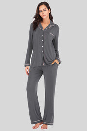 Charcoal piped trim pajama set with pockets and button front top.