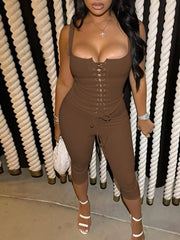 Ribbed taupe lace-up tank top and drawstring capri pants set
