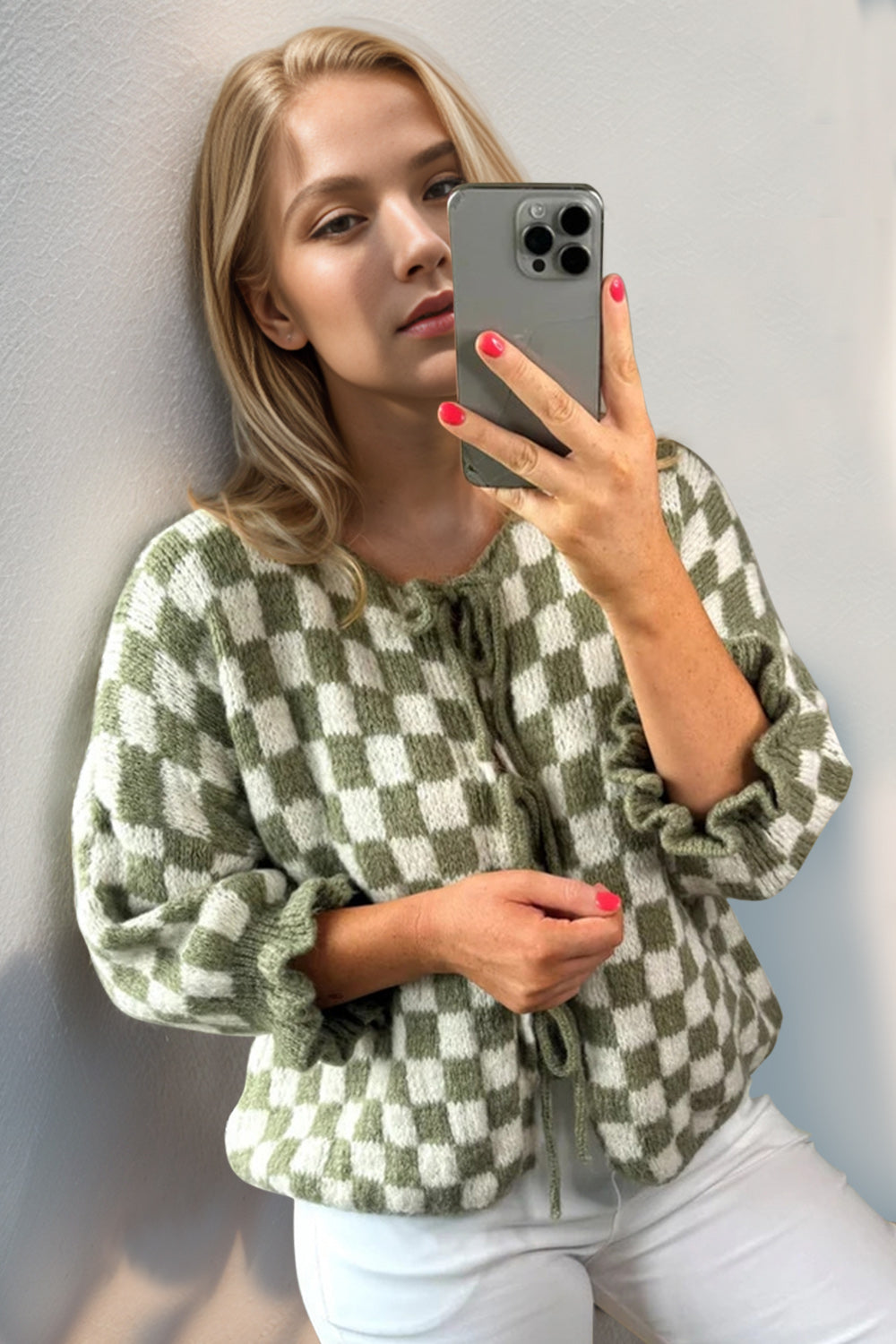 Matcha green and white checkered tie-front knit cardigan with ruffle sleeves