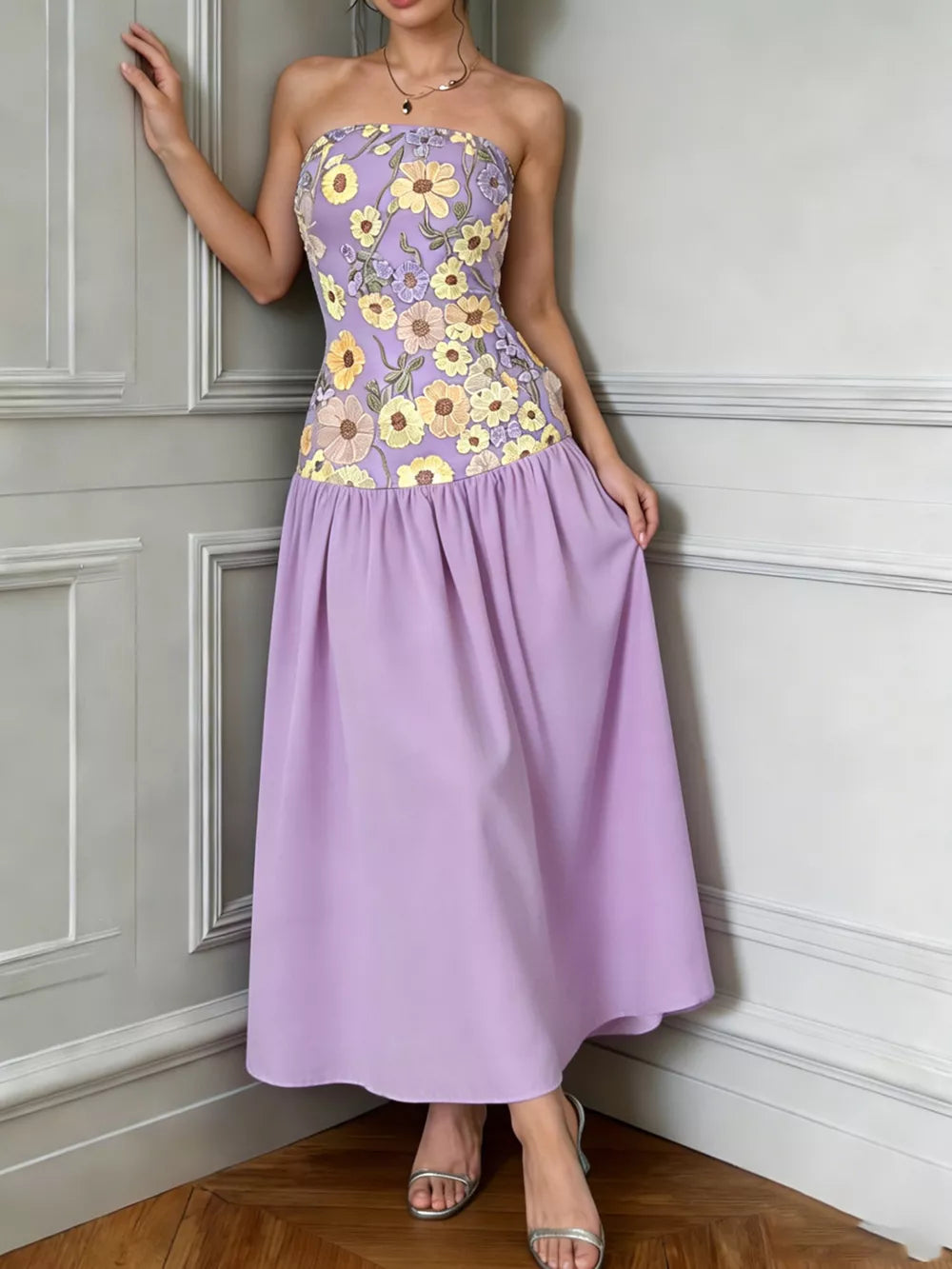 Strapless maxi dress in lavender with floral embroidered bodice and gathered waist