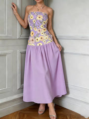 Strapless maxi dress in lavender with floral embroidered bodice and gathered waist