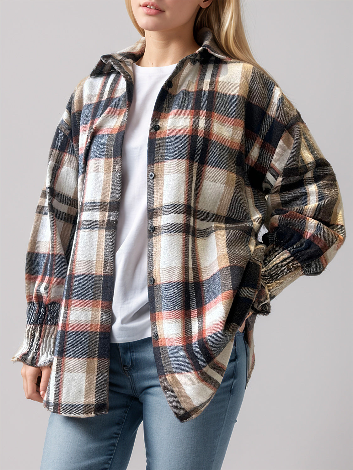 Textured plaid shacket with ribbed cuffs in multicolor, worn open over a white tee and jeans.