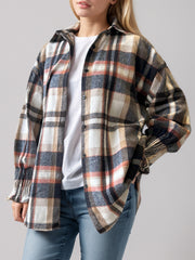 Textured plaid shacket with ribbed cuffs in multicolor, worn open over a white tee and jeans.