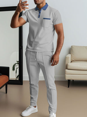 Men's Short Sleeve Polo And Pants Set Plus Size in Blue, editorial view