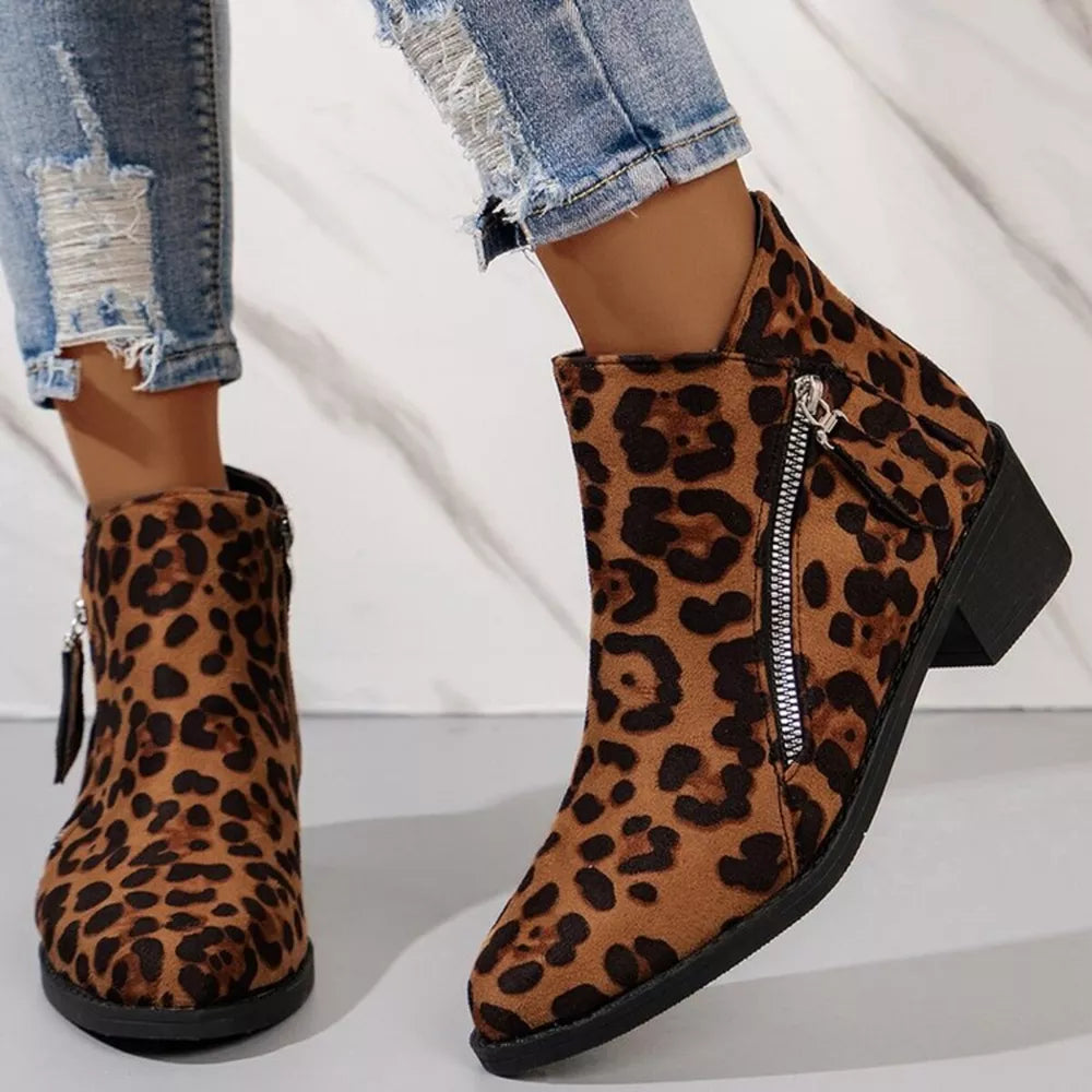 Leopard print ankle boots with side zippers and block heels