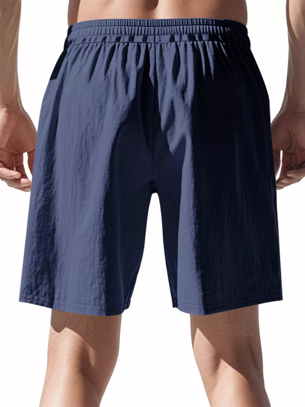 Navy blue chino shorts with elastic drawstring waist and relaxed fit.