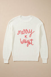 Ivory knit sweater with red candy cane script saying Merry & Bright.