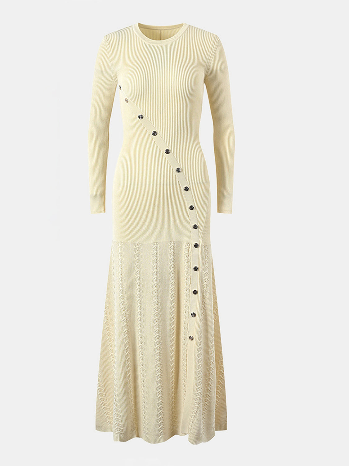 Pastel yellow ribbed knit maxi dress with decorative buttons and open knit skirt.