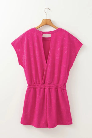 Hot pink acid wash tee with back cutout and elastic waist shorts.