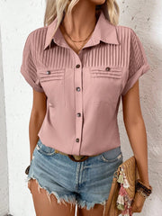 Dusty pink polyester button-down shirt with pleated yoke and pockets.