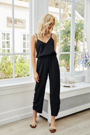 Black gathered ankle cami jumpsuit with spaghetti straps and V-neck