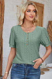 Sage green perforated puff sleeve henley blouse with button detail