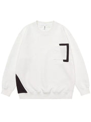 White crew neck sweatshirt with textured pattern, chest pocket, and black accents