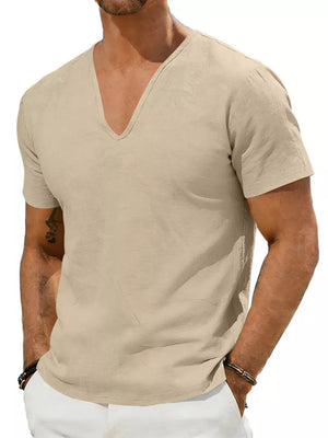 Men's Khaki V-neck linen tee, short sleeve, casual relaxed fit.