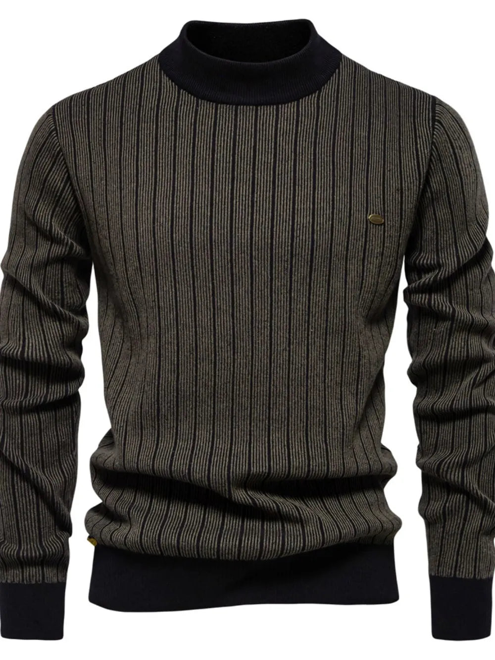 Ribbed stripe mock neck pullover sweater in army green with black trim and a small metal logo detail.