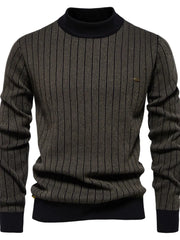 Ribbed stripe mock neck pullover sweater in army green with black trim and a small metal logo detail.