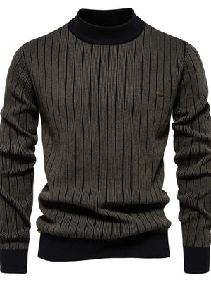 Ribbed stripe mock neck pullover sweater in army green with black trim and a small metal logo detail.
