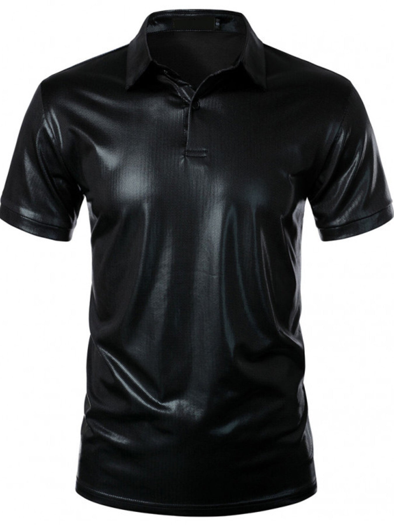 Black collared polo shirt with textured finish and short sleeves