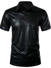 Black collared polo shirt with textured finish and short sleeves
