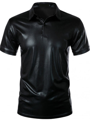 Black collared polo shirt with textured finish and short sleeves