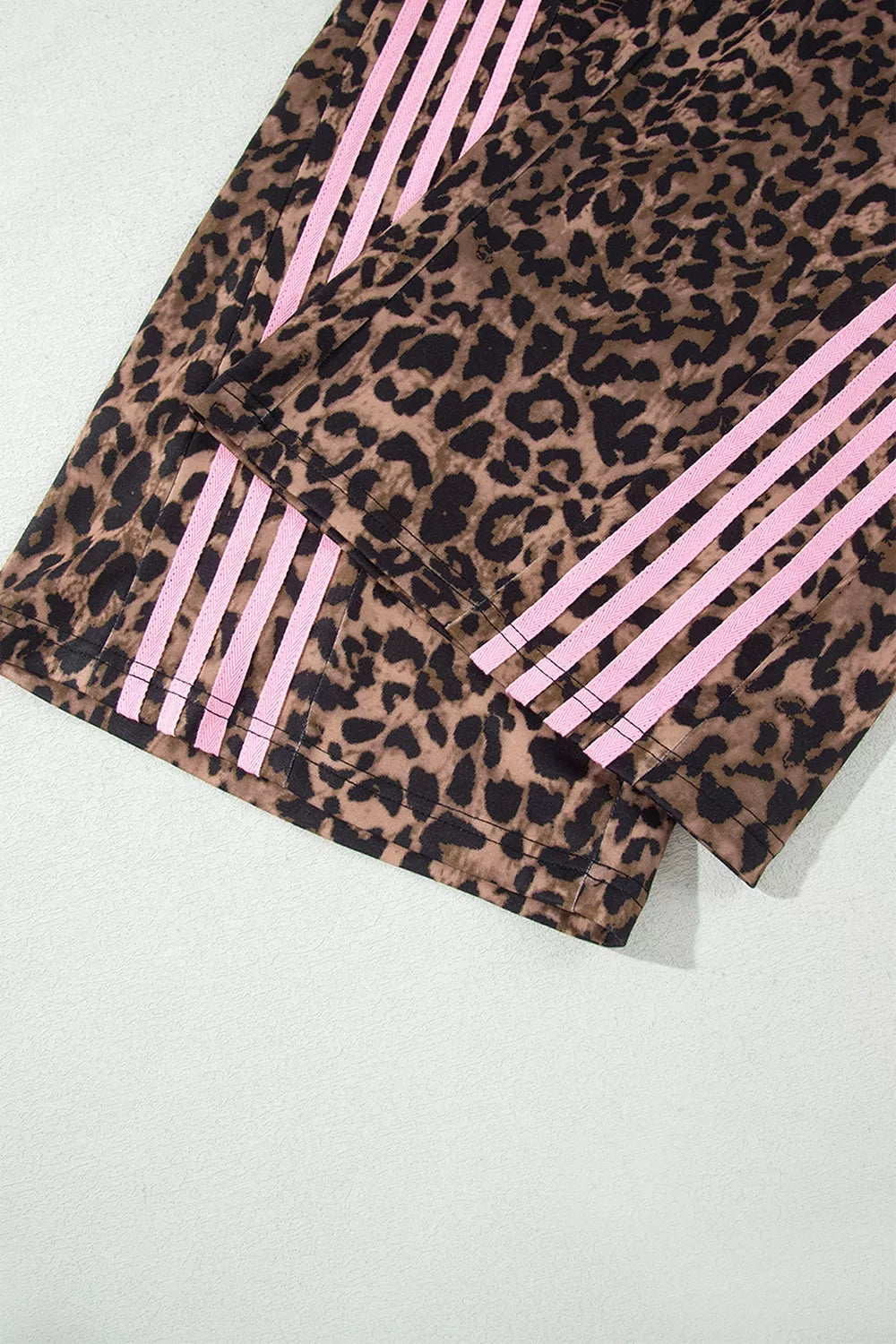 Leopard Print Striped Long Sleeve Top Pant Set in Coffee Brown, editorial view