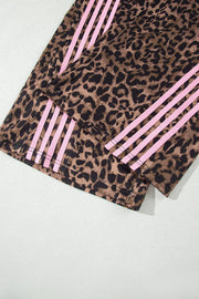 Leopard Print Striped Long Sleeve Top Pant Set in Coffee Brown, editorial view