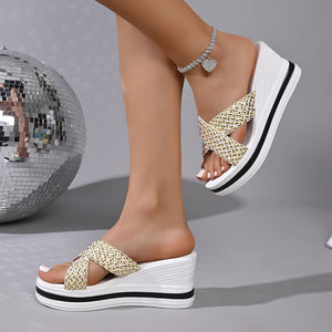 White woven strap high heel wedge sandals with a platform sole.