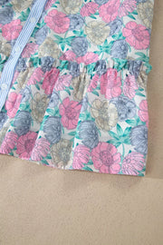 Floral mini dress with button front, contrast trim, and ruffled waist